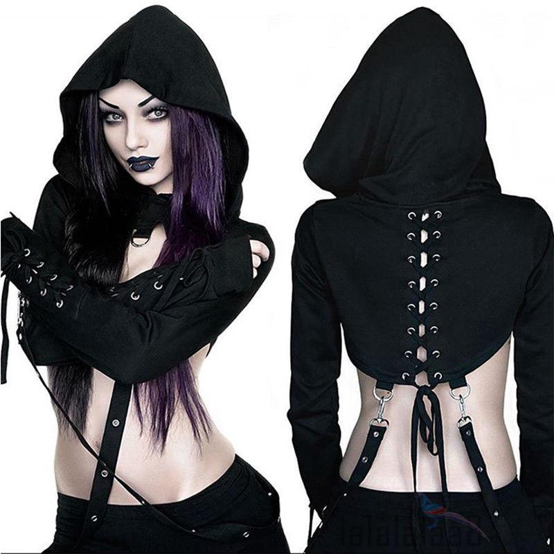 Áo thun croptop có mũ trùm đầu hóa trang ma cà rồng cá tính dành cho nữ