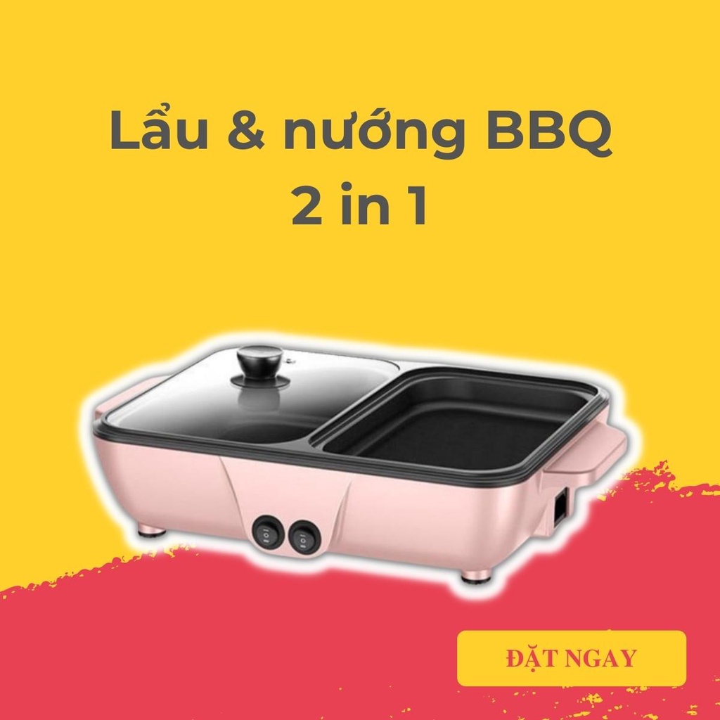 Nồi Đa Năng Mini 2in1 Cắm Điện Nhỏ Xinh Tiện Lợi Màu Hồng Nấu lẩu và đồ nướng 2 ngăn riêng nhỏ gọn và tiện dụng