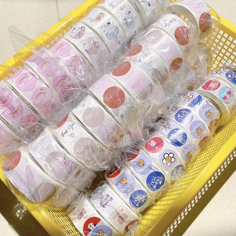 Cuộn 500 sticker Cảm ơn Thank you nhiều mẫu dùng để đóng gói trang trí hàng