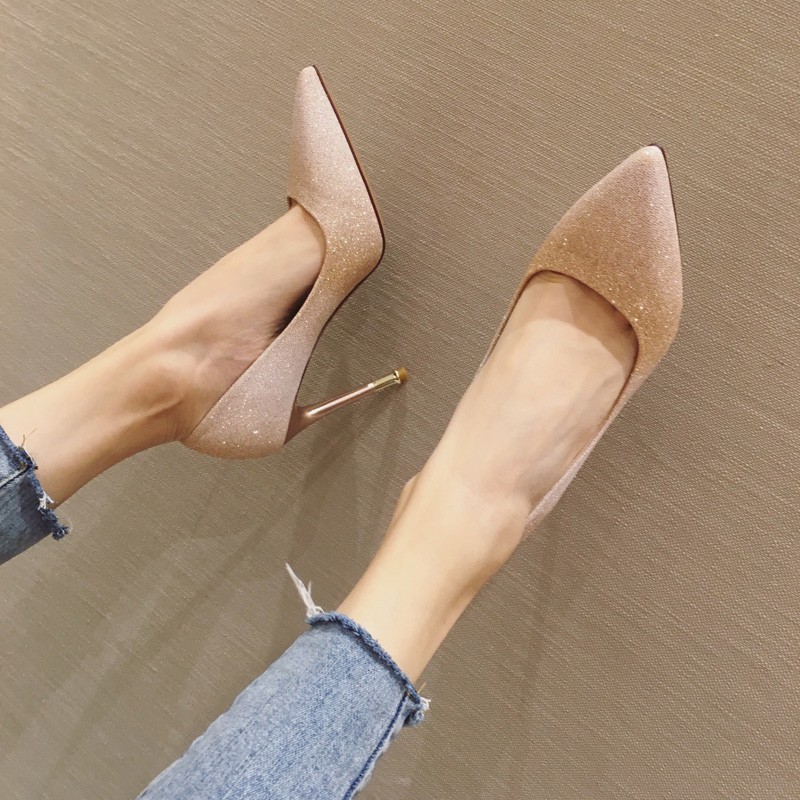 Giày búp bê cao gót nhũ kim tuyến 9p CG-0292 rosa