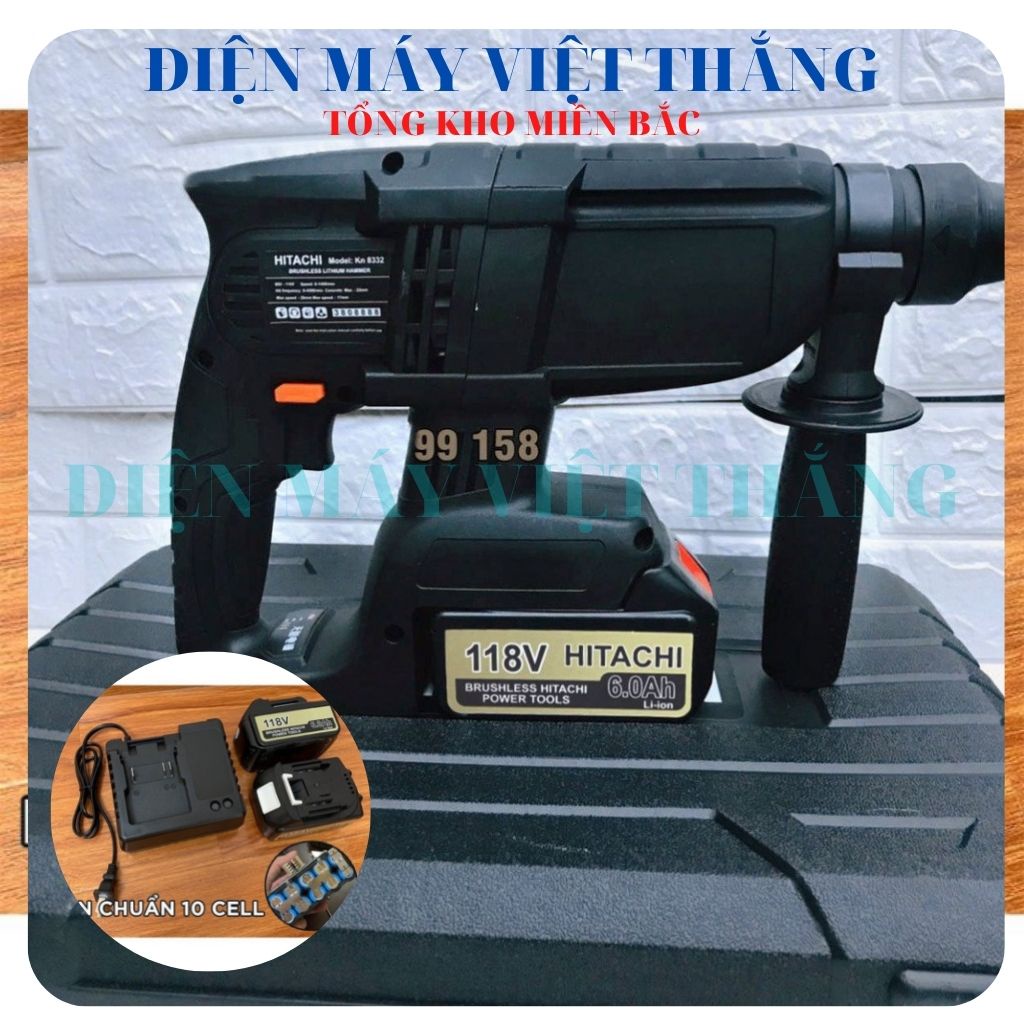 Máy khoan pin HITACHI 118V cầm tay đục tường bê tông chính hãng Không Chổi Than Đa Chức Năng - 2 PIN