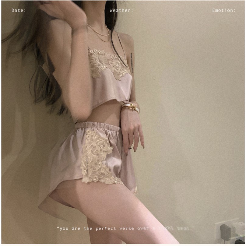 Bộ đồ ngủ hai món viền ren thêu họa tiết gợi cảm phong cách Phương Tây cho nữ (có bán lẻ)