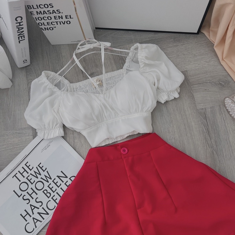 SET CROP TRẮNG NHÍU NGỰC TAY BỒNG + SHORT HỒNG 💞 | BigBuy360 - bigbuy360.vn
