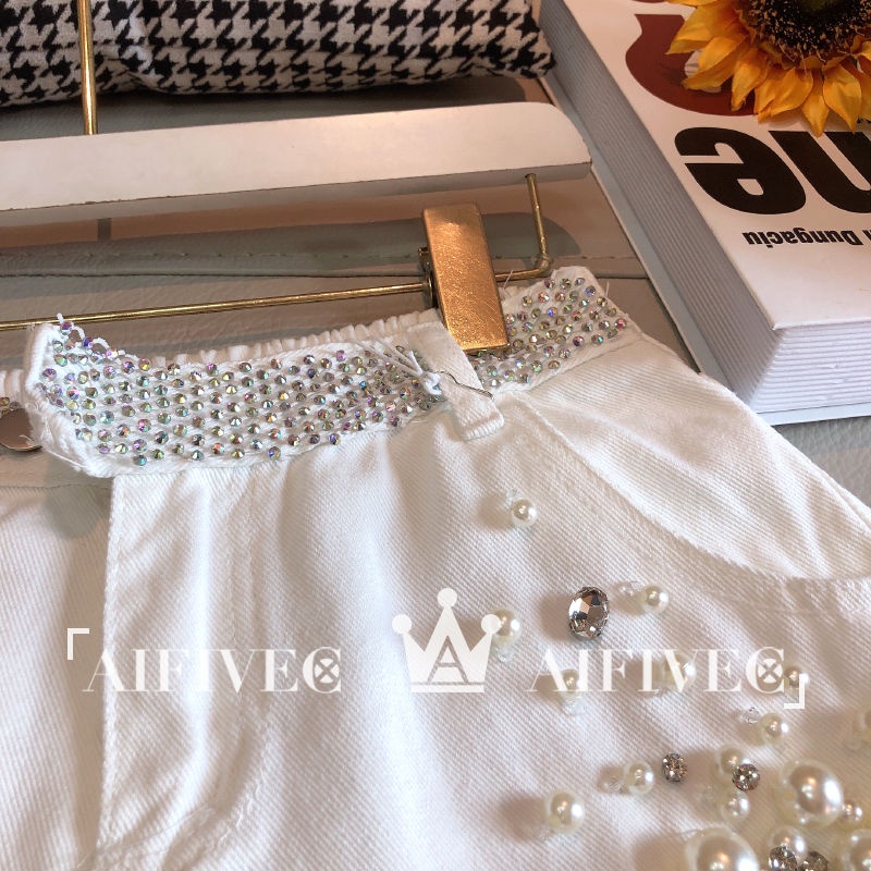 [pure cotton] European station denim shorts women's 2022 summer new heavy industry nail beaded drill high waist a wide leg trousers