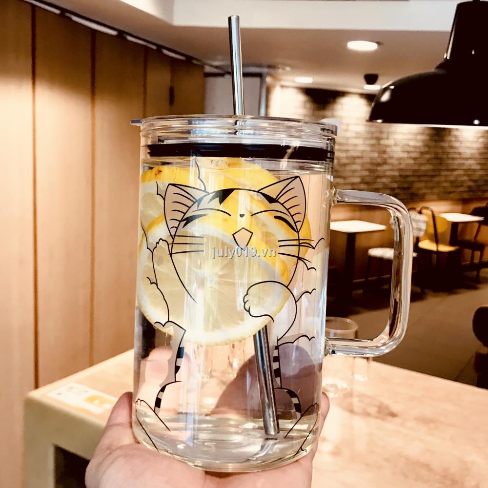 Bình Nước Thủy Tinh Cỡ Lớn 1000ml Có Tay Cầm Và Ống Hút Dễ Thương Cho Nam Và Nữ