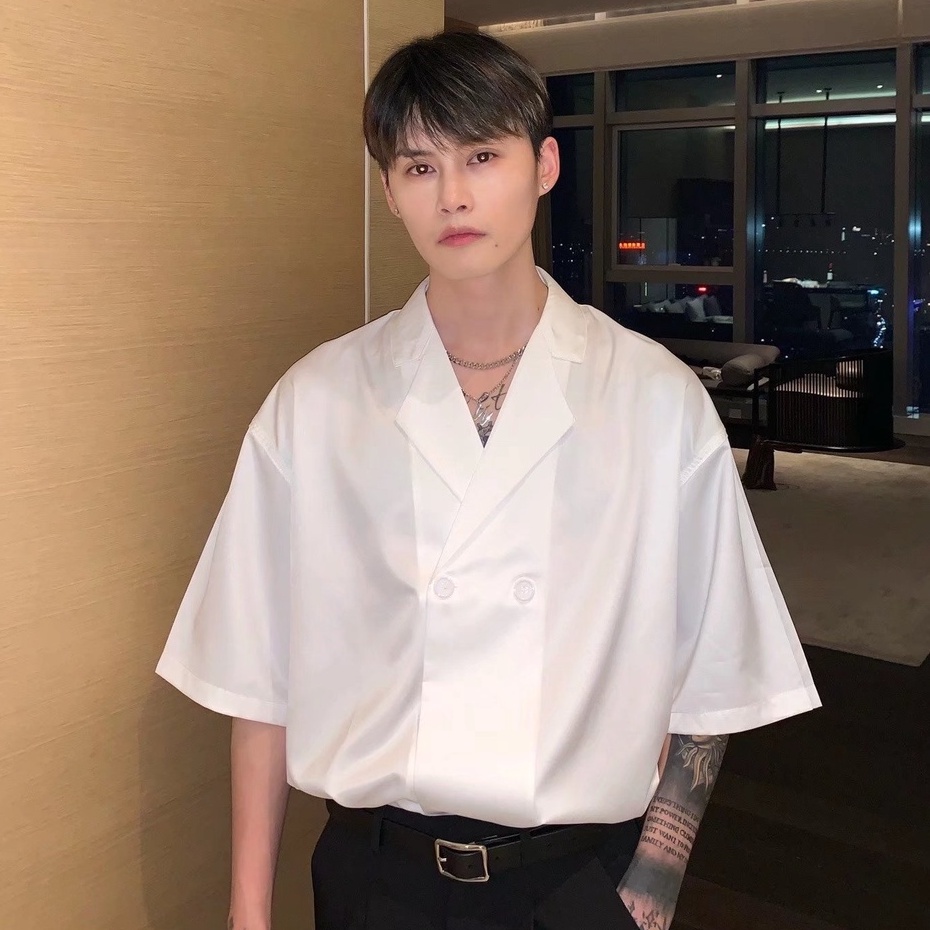 Áo Sơ Mi Tay Ngắn Vải Satin Thời Trang Mùa Hè Phong Cách Hàn Quốc Cho Nam