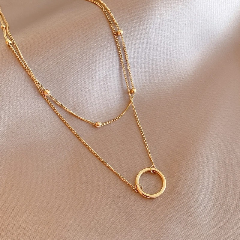 Dây chuyền hai lớp bằng thép titan mạ vàng 18K phối mặt hình tròn cao cấp thời trang cho nữ