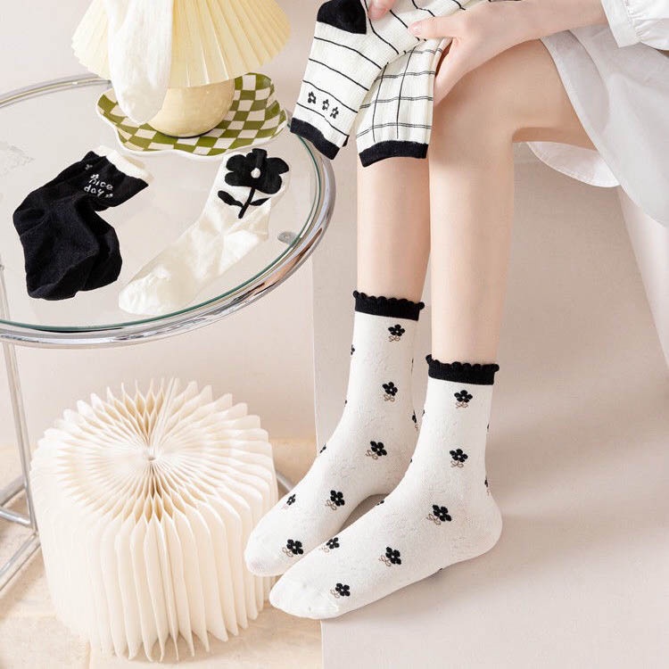 Tất vớ cổ cao chất liệu cotton co giãn bốn chiều, set tất vớ họa tiết dễ thương - Sope Shop