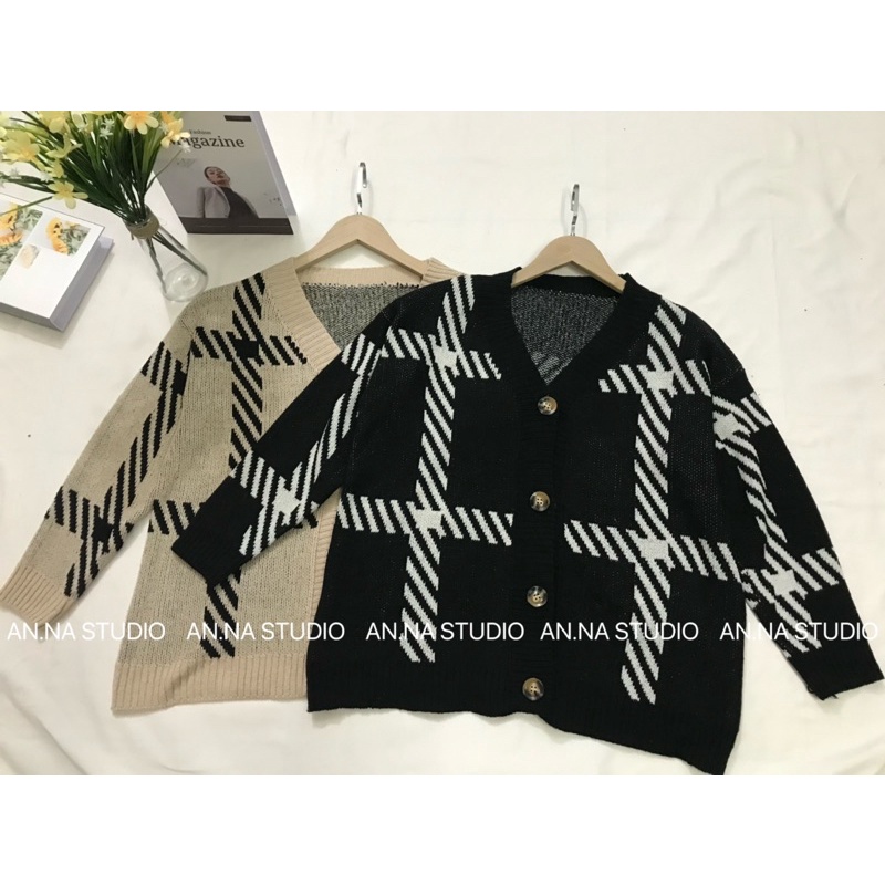 Áo khoác len Cardigan kẻ sọc hai màu dáng rộng form suông
