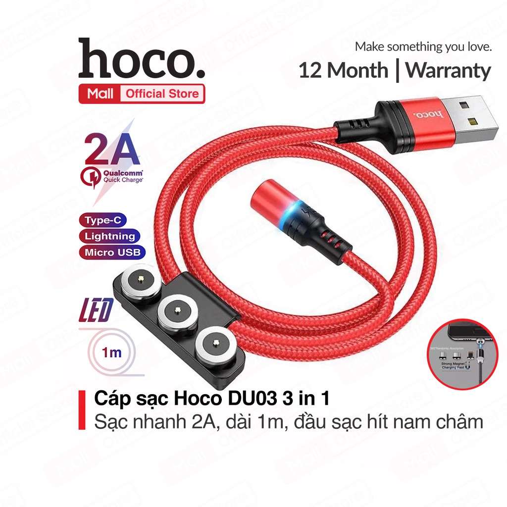 Cáp sạc đầu hít nam châm Hoco DU03 3 in 1 ( Lightning/Micro/Type-c ),sạc nhanh 2A,dài 1m đầu sạc từ tính dễ dàng sử dụng