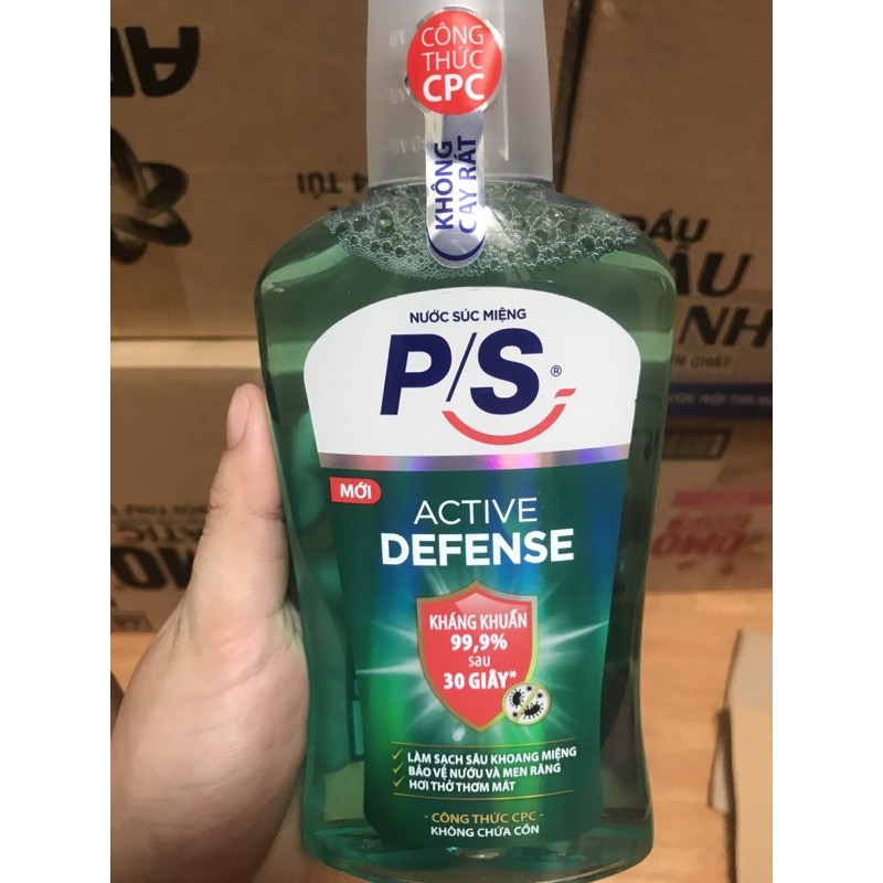 NƯỚC XÚC MIỆNG PS ACTIVE DEFENSE  500ml KHÔNG CHỨA CỒN KHÁNG KHUẨN SAU 30s GIÁ BÌA 150k