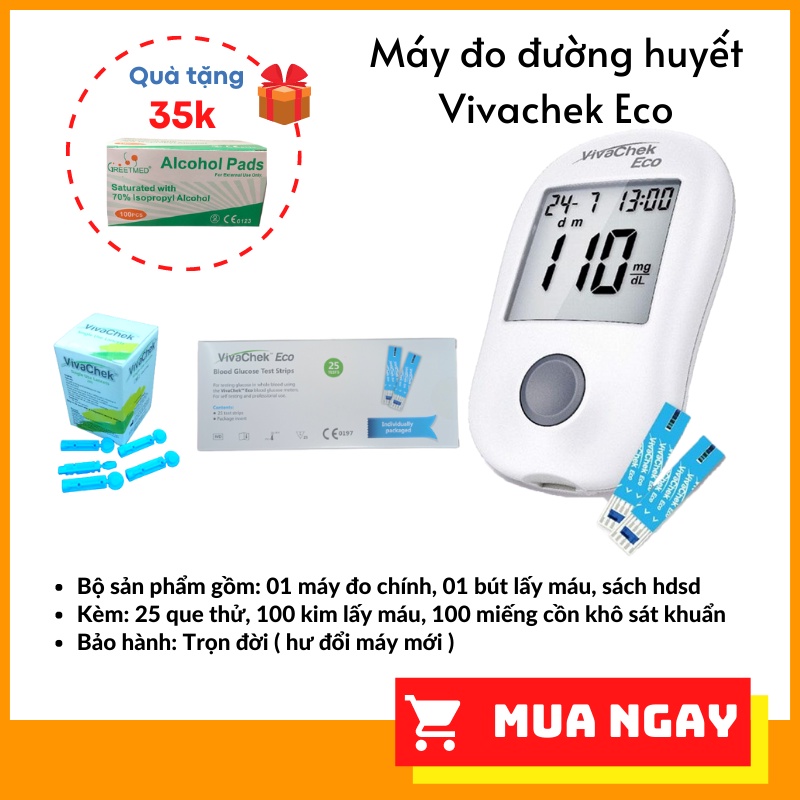 Máy đo đường huyết VivaChek Eco kèm 100 kim lấy máu và 25 que thử đường huyết