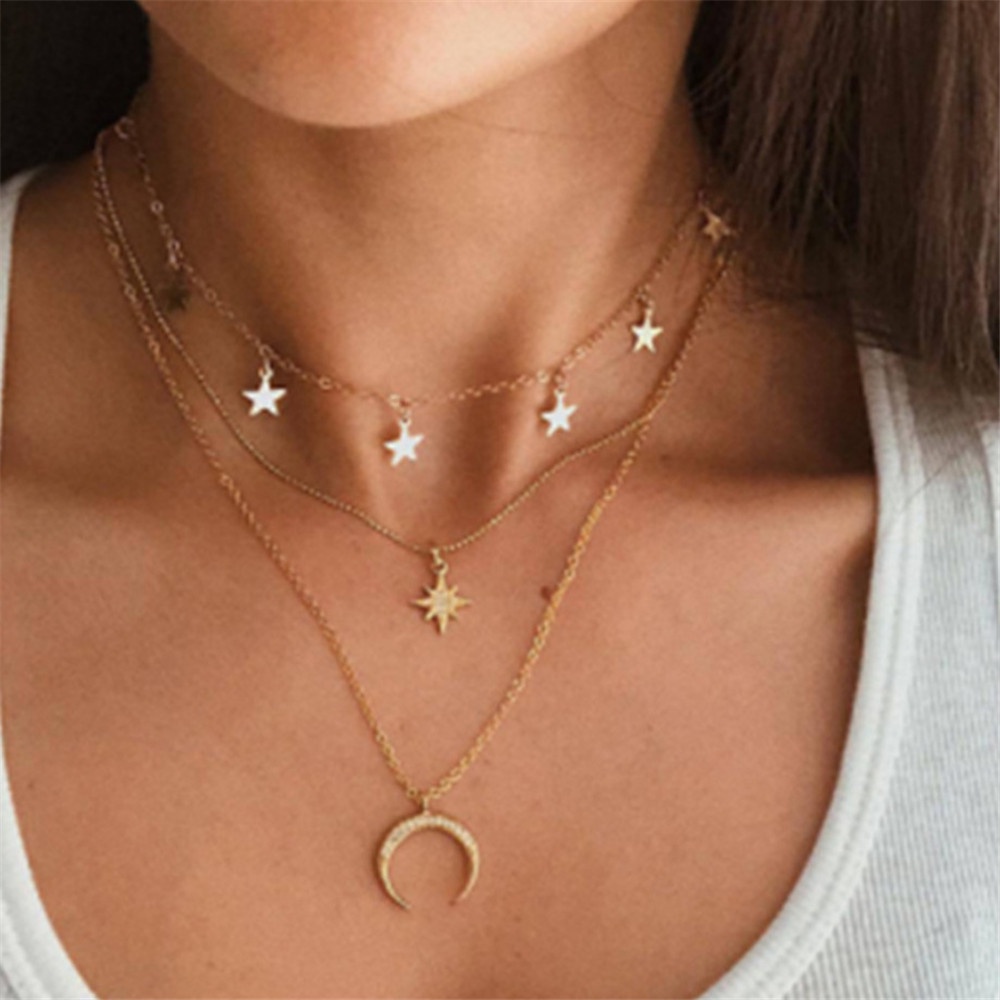 Vòng cổ choker nhiều lớp hình mặt trăng ngôi sao phong cách cổ điển