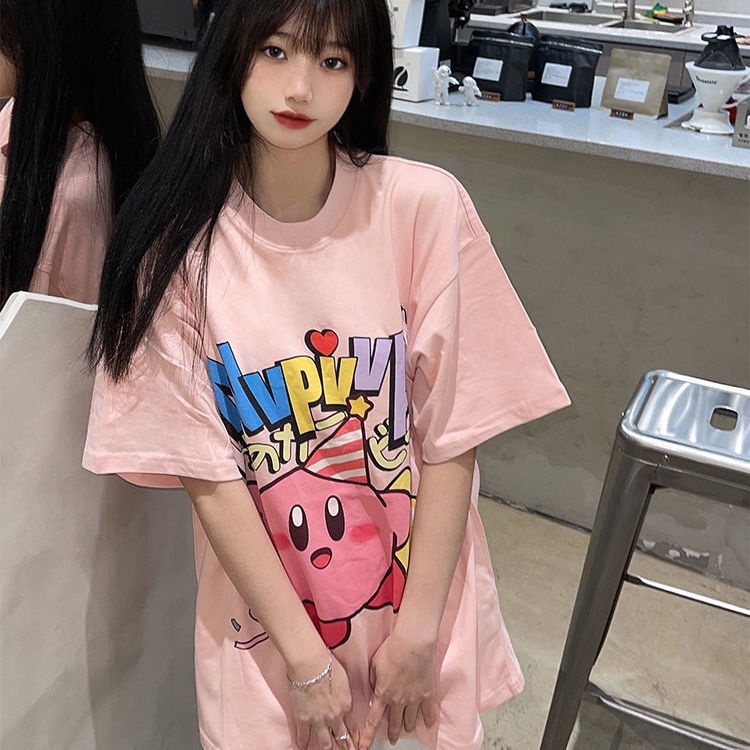 Áo Thun 100% cotton Tay Ngắn Dáng Rộng In Hoạt Hình Kirby Cá Tính Cho Nam Nữ