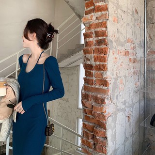 Đầm thun dài xẻ tà nổi bật phố thị mùa thu đông có thể khoác thêm áo