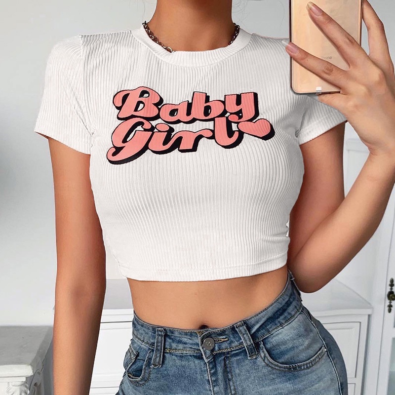 Áo thun croptop tay ngắn cổ tròn in chữ dễ thương dành cho nữ