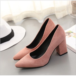 Giày cao gót đế vuông, da lộn 7cm