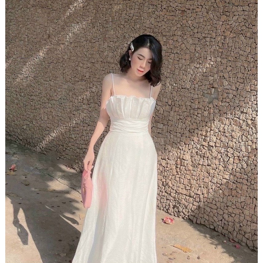 HCM] Đầm Xòe 2 Dây Xếp Ngực Dáng Dài (Có Mút Ngực) Cao Cấp Thời Trang Nữ Sam Closet Free Size 40-55kg