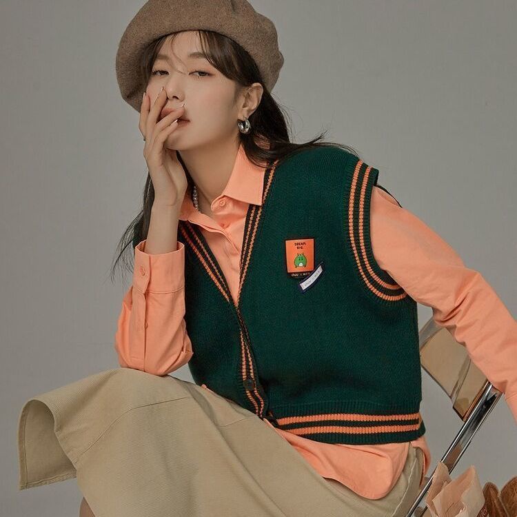 Áo Khoác Len Cardigan Không Tay Dáng Rộng Màu Sắc Tương Phản Phong Cách Retro Cho Nữ