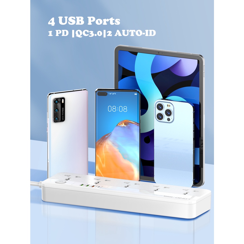Ổ cắm điện LDNIO SC5415, 5 lỗ cắm + 3 USB-A & 1 USB-C , sạc nhanh PD & QC 3.0, dây 200CM, đầu EU 2 chấu tròn