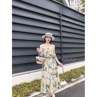 váy 2 dây hoa hướng dương chất voan lụa dáng dài siêu xinh
