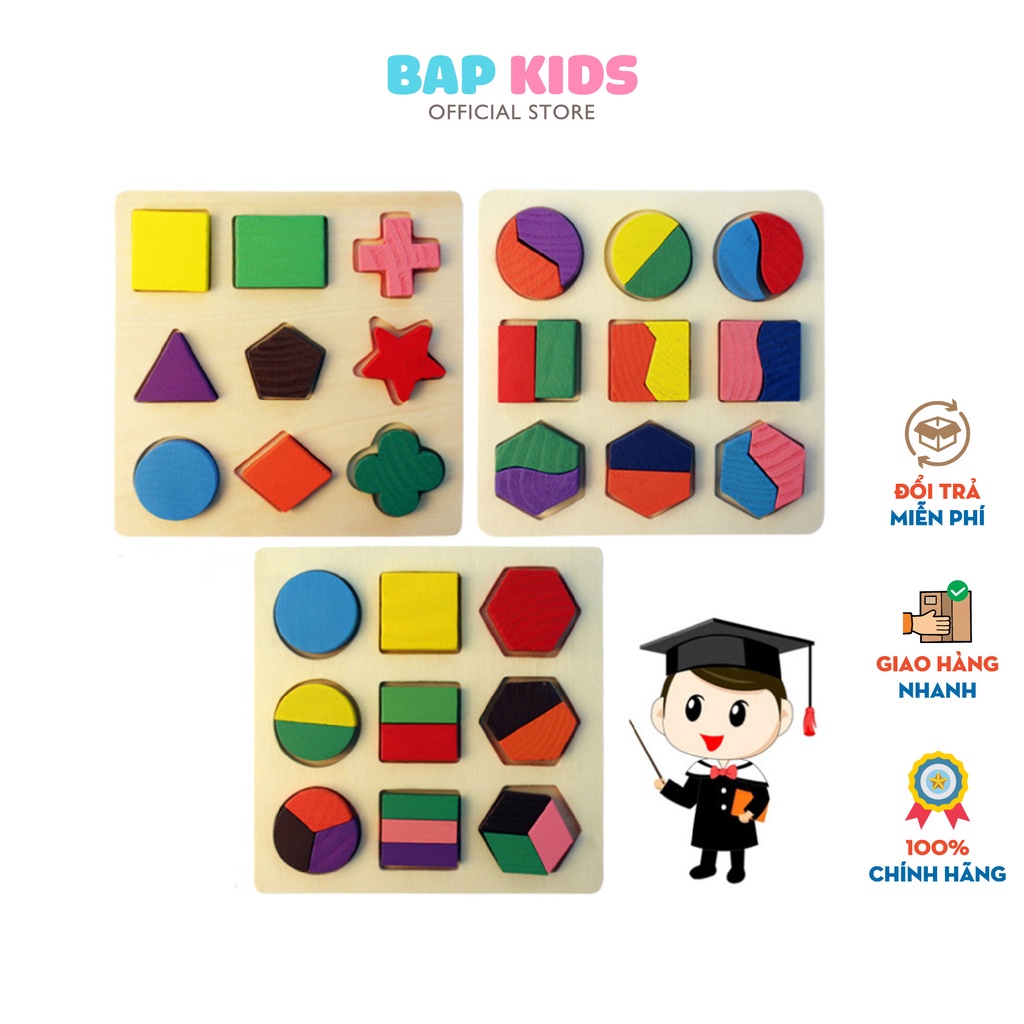 Đồ chơi hình khối BAPKIDS, Combo 3 bảng ghép hình học bằng gỗ, Giáo cụ montessori