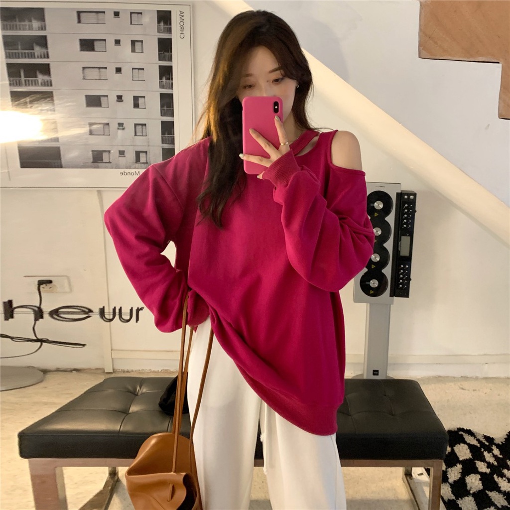 SUXI Áo nữ tay dài hở vai thời trang Hàn Quốc mới