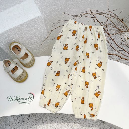 Quần bom xô muslin họa tiết cho bé, quần bom trẻ em bo chun 2QU128 Kakummi