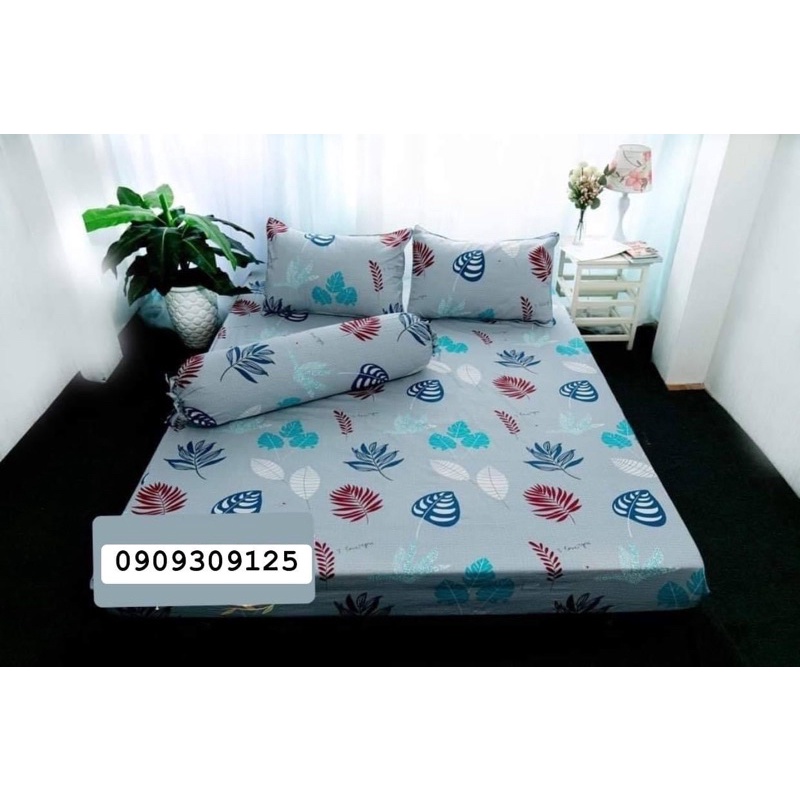 drap cotton Thắng Lợi, ga giường cao cấp ( 4 món) IN LOGO THẮNG LỢI mẫu lá sa kê xám