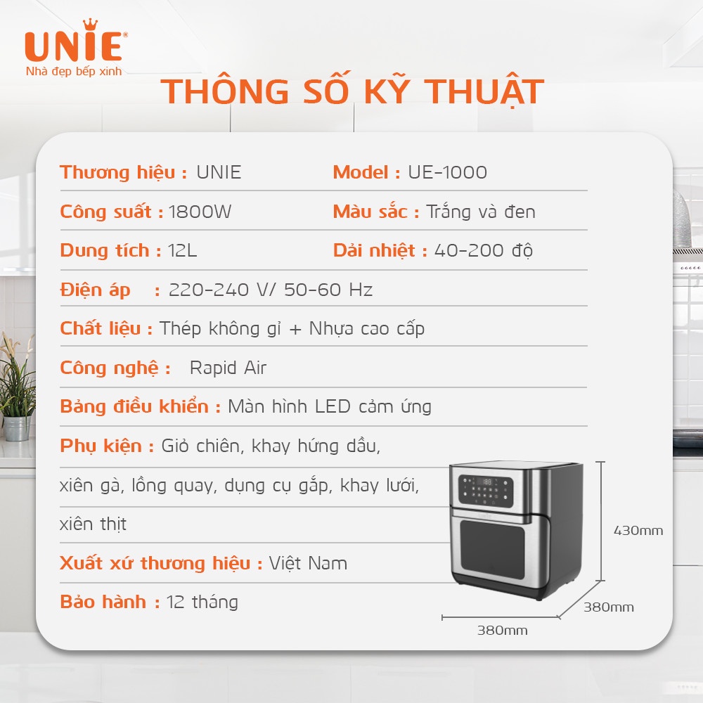 Nồi chiên không dầu Unie UE-1000 cao cấp, Lò nướng mini đa năng, Kiểu dáng sang trọng đẹp mắt, Bảo hành 12 tháng