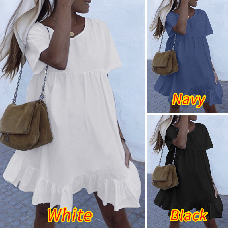 Đầm Mini ZANZEA Tay Ngắn Xếp Tầng Lai Xếp Nếp Đơn Giản Dành Cho Bạn Nữ