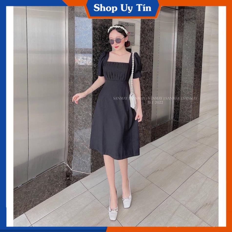 Đầm công sở  xếp cổ dáng suông tay phồng váy dự tiệc xếp ly cổ VD017