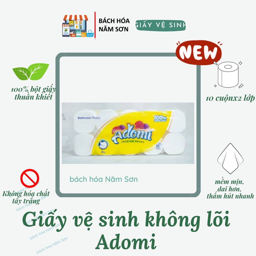 Giấy vệ sinh không lõi Adomi 10 cuộn x 2 lớp