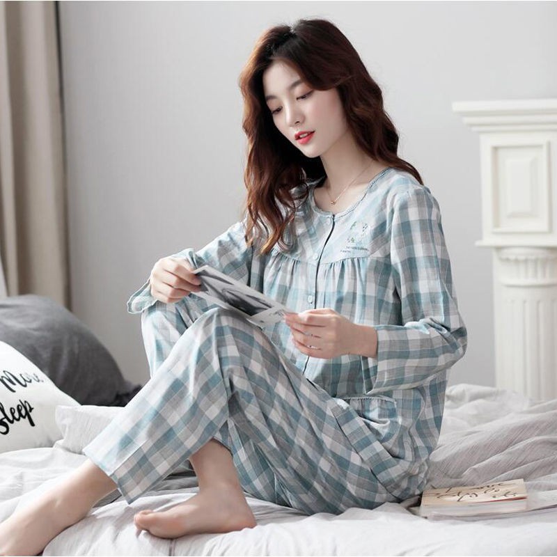 Bộ đồ ngủ cotton cao cấp cho bà mẹ 100% Cotton Pijama nữ mùa xuân và thu hè dài - Áo khoác cardigan rời trẻ trung niên