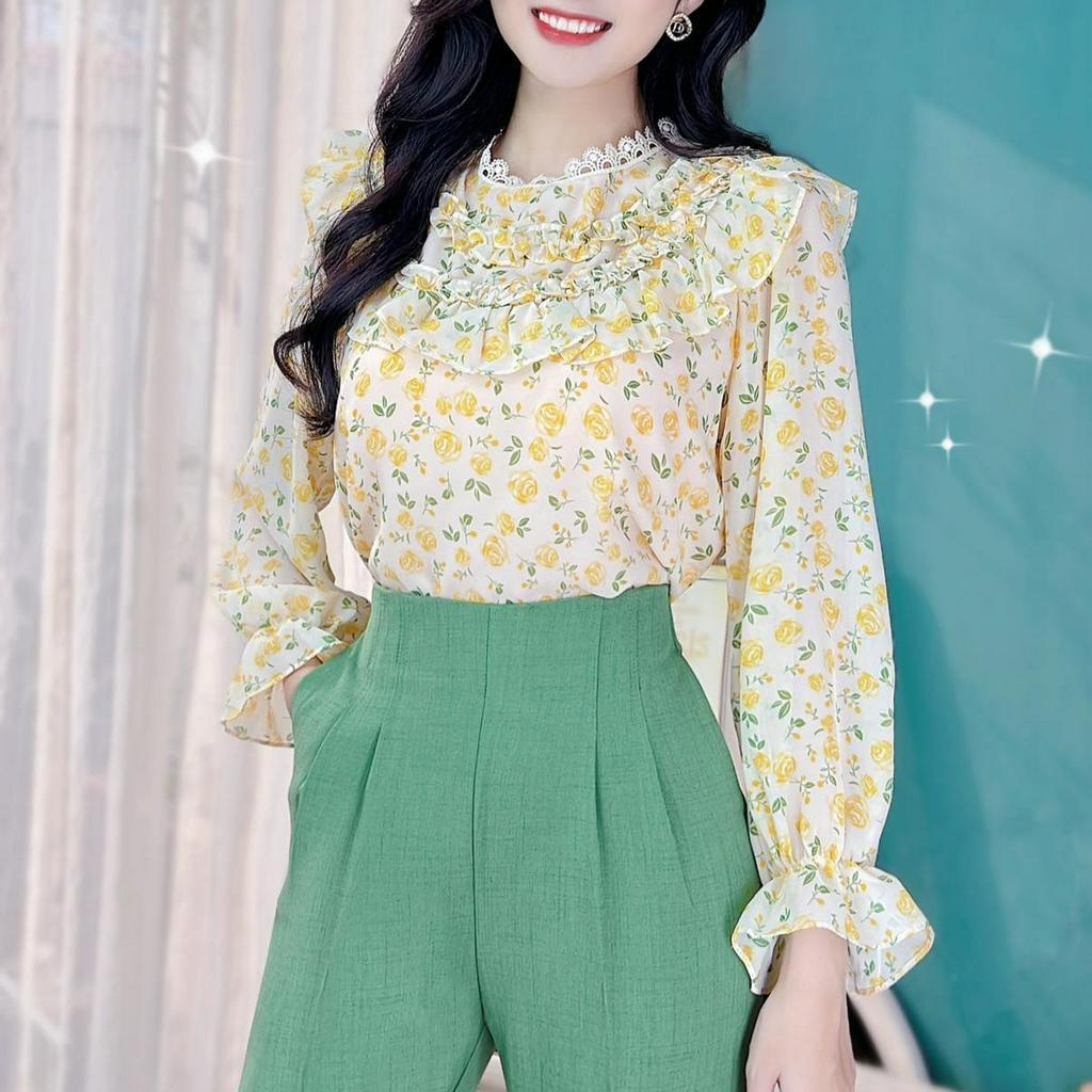 Áo sơ mi hoa công sở nữ kiểu cổ bèo rainbow CHUU A9304