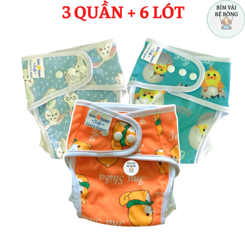 [ƯU ĐÃI] - [3 QUẦN+6 LÓT] Combo 3 Bộ Bỉm Vải Babu Nature Chống Hăm + Tràn Cho Bé - Giặt Được, Size M,L