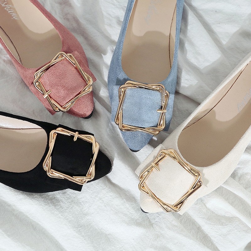 Giày Búp Bê Đế Mềm Mũi Nhọn Phối Khóa Kim Loại Thời Trang Cho Nữ