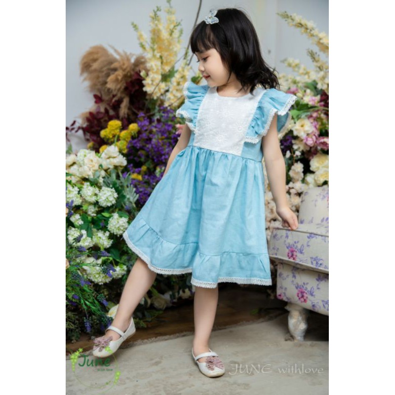 Đầm June xanh ngọc linen cho bé