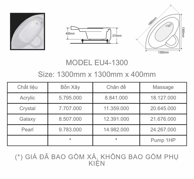 BỒN TẮM GÓC EUROCA  - MODEL EU4 - 1300 - BẢO HÀNH 3 NĂM