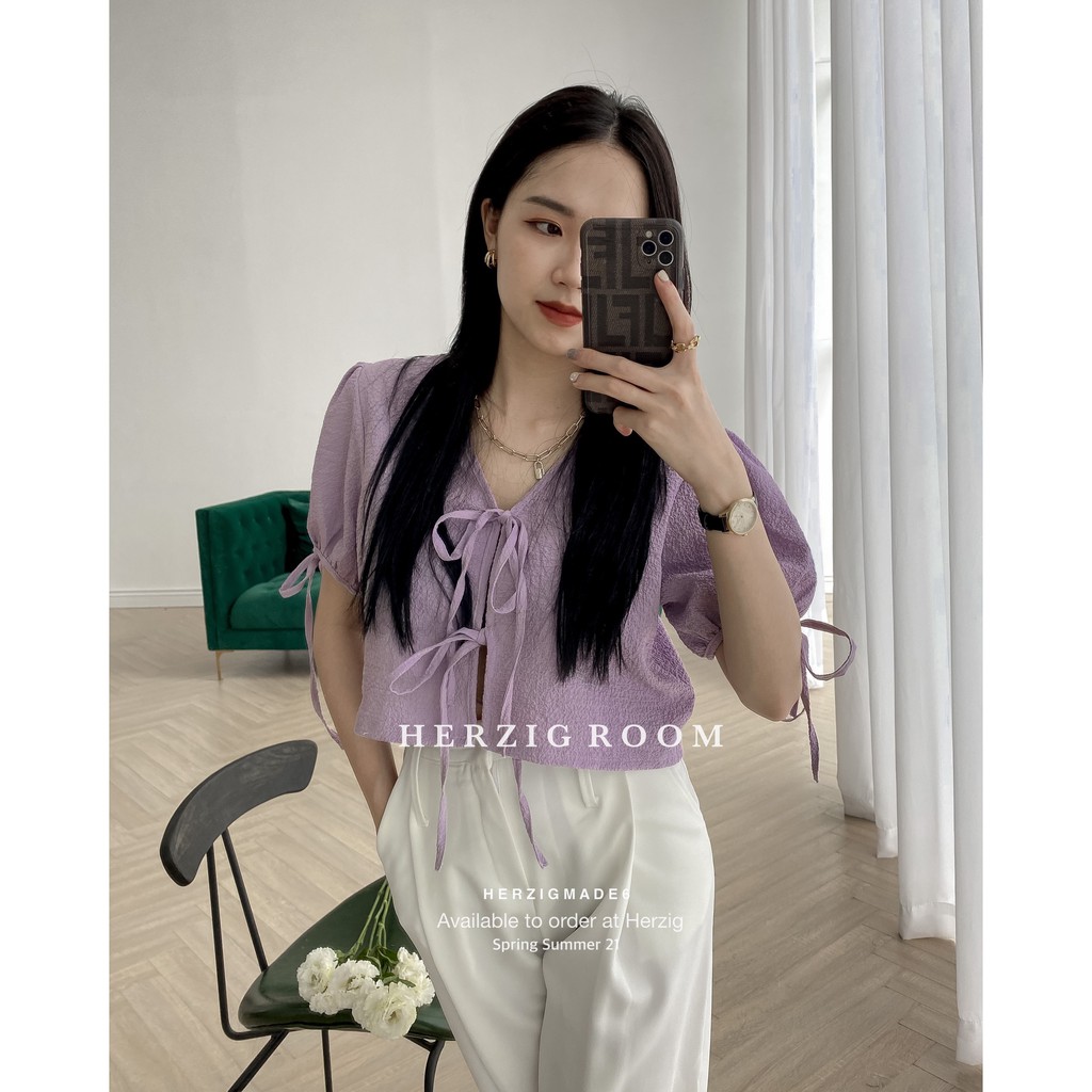 Áo croptop buộc nơ HERZIGMADE mặc 2 mặt chất thun sần Wana top - A2757