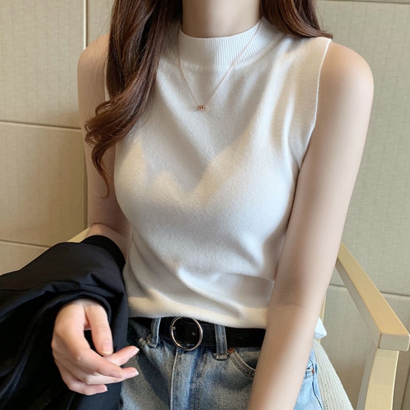 Áo Len Không Tay Cổ Cao Màu Sắc Đơn Giản Thời Trang Cho Nữ
