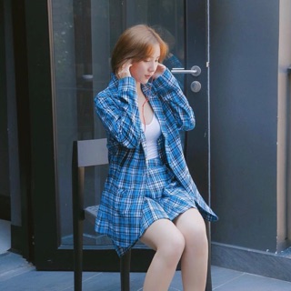 Usthebasic - Chân váy Plaid Pleated Blue Skirt