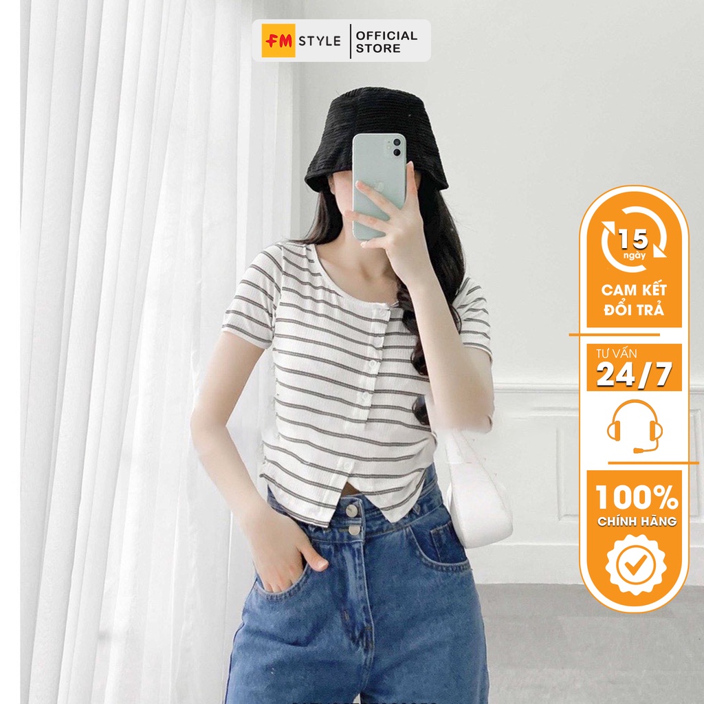 Áo thun ôm nữ Fmstyle croptop đẹp chất thun gân họa tiết sọc ngang hàng nút chéo bassic 210908039