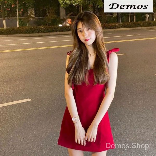 Thời Trang Nữ Đầm Hai Dây Màu Đỏ Đính Nơ Thời Trang Mùa Hè Quyến Rũ Cho Nữ
