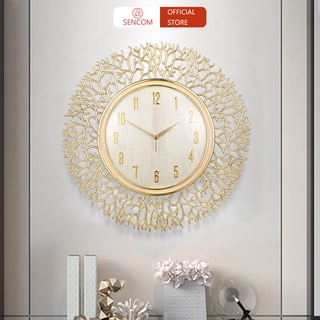 Đồng hồ treo tường san hô mạ vàng luxury SENCOM, đồng hồ trang trí decor cao cấp - E05