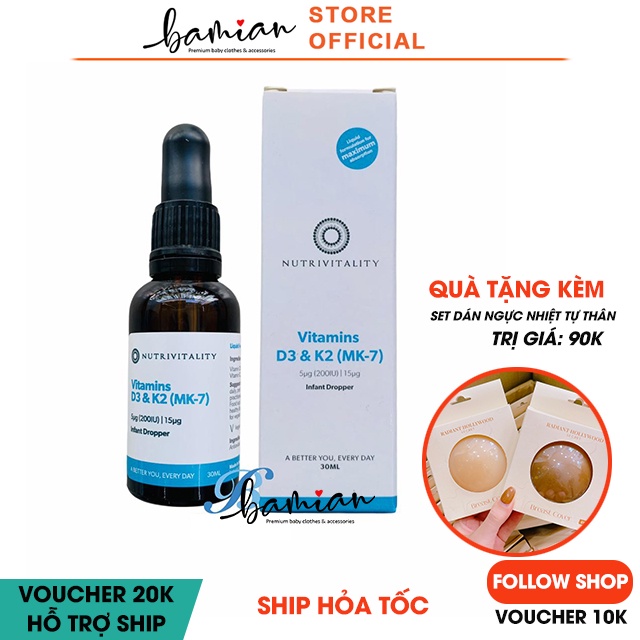 Vitamin D3 + K2 (MK7) Nutrivitality Anh Quốc lọ 30ml