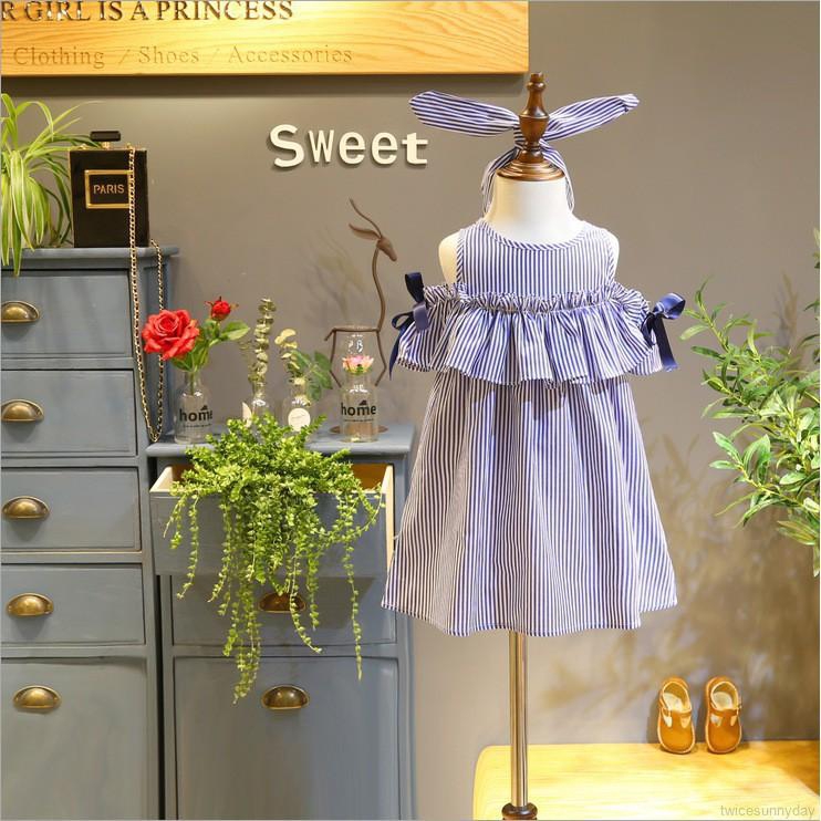 Đầm kẻ sọc thắt nơ + băng buộc đầu cho bé gái