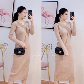 Váy len body cổ tim