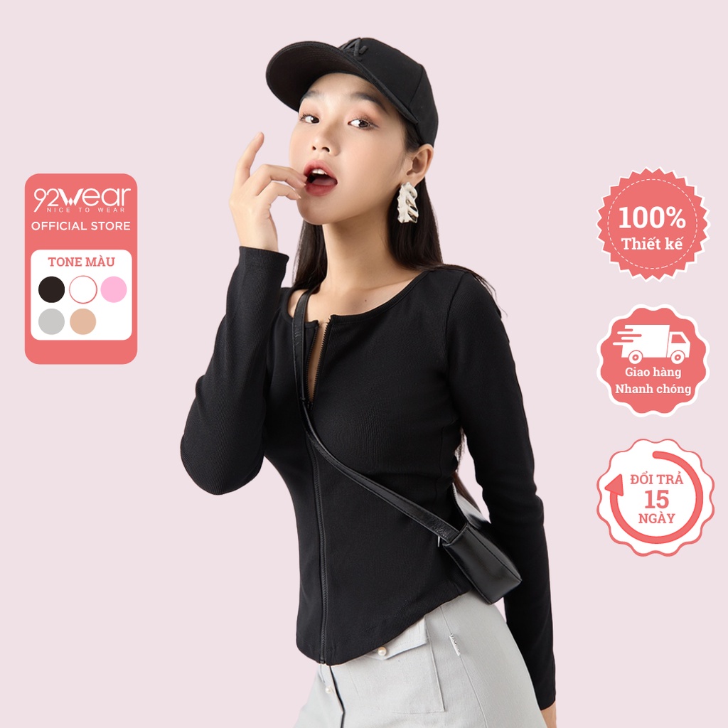 Áo phông nữ dài tay cổ tròn 92WEAR khóa kéo thân trước, trẻ trung năng động ATA2013