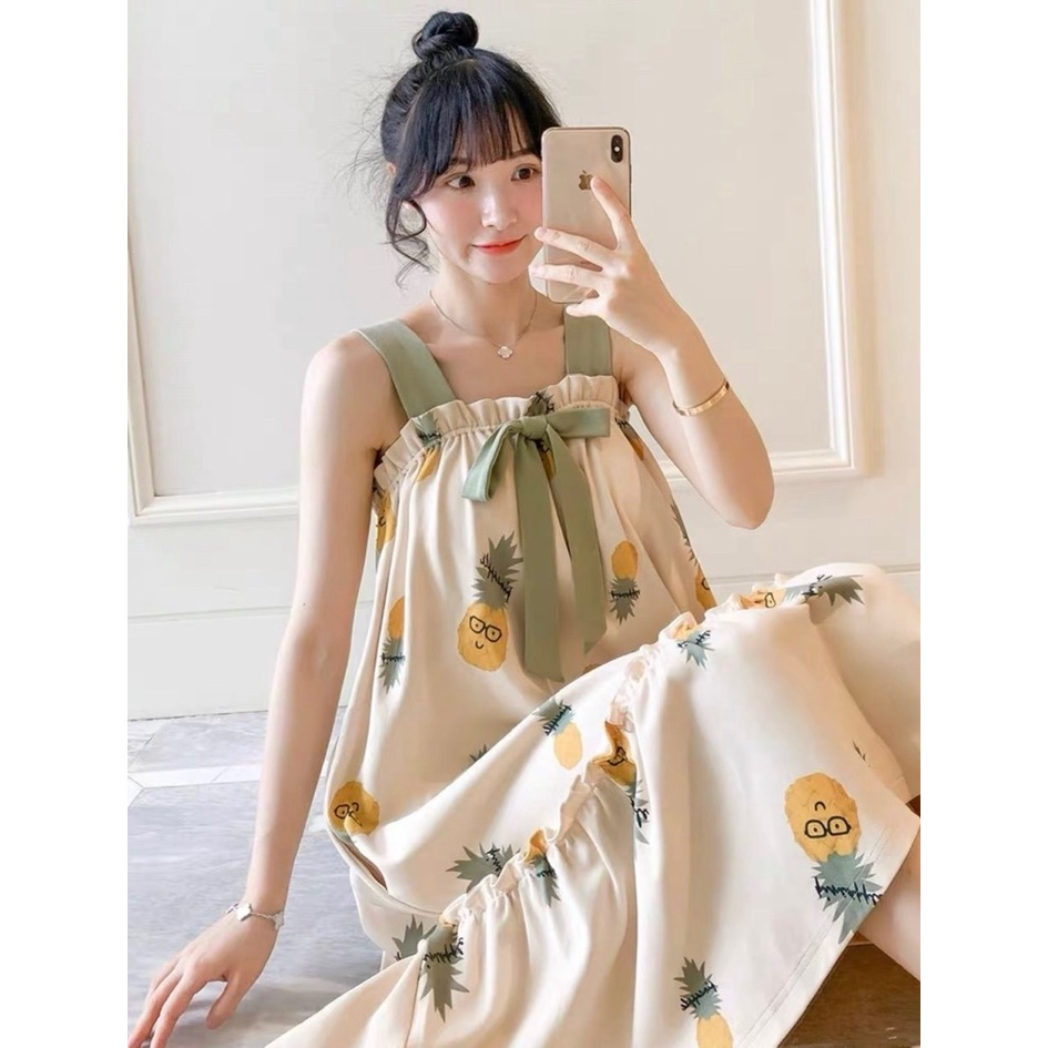Váy bầu mặc nhà - 2 dây cột -chất liệu cotton-mềm- mát -mịn